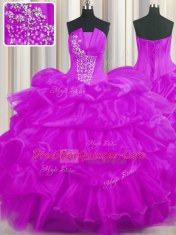Beautiful Purple Lace Up Strapless Beading and Ruffled Layers and Pick Ups Vestidos de Quinceanera Organza Sleeveless