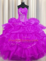 Beautiful Purple Lace Up Strapless Beading and Ruffled Layers and Pick Ups Vestidos de Quinceanera Organza Sleeveless