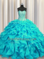 Beautiful Visible Boning Aqua Blue Lace Up Quinceanera Dress Beading and Ruffles Sleeveless Brush Train
