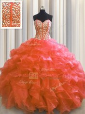 Custom Design Visible Boning Red Ball Gowns Sweetheart Sleeveless Organza Floor Length Lace Up Beading and Ruffles Quinceanera Gowns