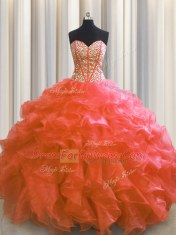 Custom Design Visible Boning Red Ball Gowns Sweetheart Sleeveless Organza Floor Length Lace Up Beading and Ruffles Quinceanera Gowns
