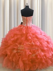 Custom Design Visible Boning Red Ball Gowns Sweetheart Sleeveless Organza Floor Length Lace Up Beading and Ruffles Quinceanera Gowns