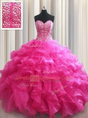 Suitable Visible Boning Sleeveless Beading and Ruffles Lace Up Quince Ball Gowns