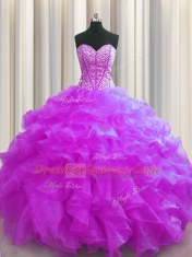 Designer Visible Boning Fuchsia Ball Gowns Beading and Ruffles Ball Gown Prom Dress Lace Up Organza Sleeveless Floor Length