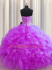 Designer Visible Boning Fuchsia Ball Gowns Beading and Ruffles Ball Gown Prom Dress Lace Up Organza Sleeveless Floor Length