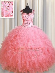 Latest See Through Zipper Up Pink Ball Gowns Beading and Ruffles Quinceanera Gowns Zipper Organza Sleeveless Floor Length