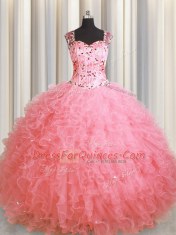 Latest See Through Zipper Up Pink Ball Gowns Beading and Ruffles Quinceanera Gowns Zipper Organza Sleeveless Floor Length