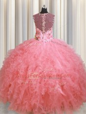 Latest See Through Zipper Up Pink Ball Gowns Beading and Ruffles Quinceanera Gowns Zipper Organza Sleeveless Floor Length