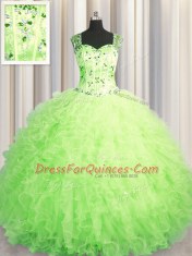 See Through Zipper Up Sleeveless Tulle Floor Length Zipper Sweet 16 Dresses in Green with Beading and Ruffles