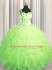 See Through Zipper Up Sleeveless Tulle Floor Length Zipper Sweet 16 Dresses in Green with Beading and Ruffles