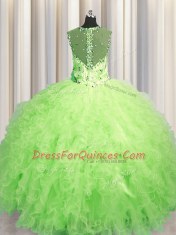 See Through Zipper Up Sleeveless Tulle Floor Length Zipper Sweet 16 Dresses in Green with Beading and Ruffles