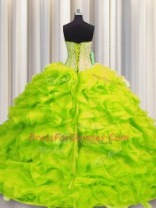 Perfect Visible Boning Yellow Green Sweetheart Lace Up Beading and Ruffles Sweet 16 Dress Sleeveless