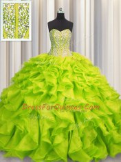 Perfect Visible Boning Yellow Green Sweetheart Lace Up Beading and Ruffles Sweet 16 Dress Sleeveless