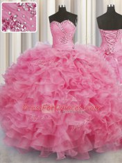 Attractive Sleeveless Floor Length Beading and Ruffles Lace Up 15th Birthday Dress with Rose Pink