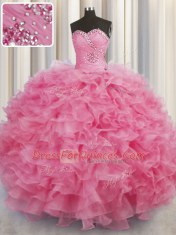 Attractive Sleeveless Floor Length Beading and Ruffles Lace Up 15th Birthday Dress with Rose Pink