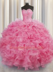 Attractive Sleeveless Floor Length Beading and Ruffles Lace Up 15th Birthday Dress with Rose Pink