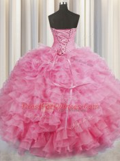 Attractive Sleeveless Floor Length Beading and Ruffles Lace Up 15th Birthday Dress with Rose Pink