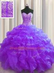 Most Popular Visible Boning Purple Sleeveless Organza Lace Up Sweet 16 Quinceanera Dress for Military Ball and Sweet 16 and Quinceanera