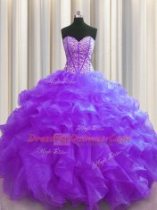Most Popular Visible Boning Purple Sleeveless Organza Lace Up Sweet 16 Quinceanera Dress for Military Ball and Sweet 16 and Quinceanera