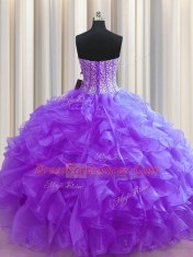 Most Popular Visible Boning Purple Sleeveless Organza Lace Up Sweet 16 Quinceanera Dress for Military Ball and Sweet 16 and Quinceanera