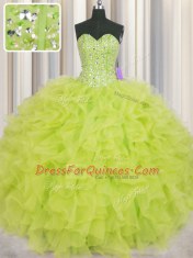 Free and Easy Visible Boning Yellow Green Lace Up Sweetheart Beading and Ruffles Quinceanera Dresses Organza Sleeveless