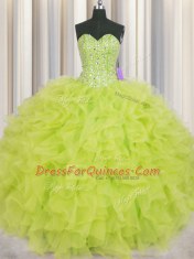 Free and Easy Visible Boning Yellow Green Lace Up Sweetheart Beading and Ruffles Quinceanera Dresses Organza Sleeveless