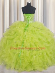 Free and Easy Visible Boning Yellow Green Lace Up Sweetheart Beading and Ruffles Quinceanera Dresses Organza Sleeveless