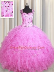 See Through Zipper Up Rose Pink Sleeveless Floor Length Beading and Ruffles Zipper Quinceanera Gowns