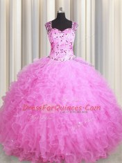 See Through Zipper Up Rose Pink Sleeveless Floor Length Beading and Ruffles Zipper Quinceanera Gowns