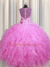 See Through Zipper Up Rose Pink Sleeveless Floor Length Beading and Ruffles Zipper Quinceanera Gowns