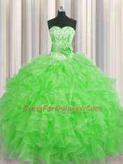 Charming Handcrafted Flower Green Ball Gowns Beading and Ruffles and Hand Made Flower Sweet 16 Dresses Lace Up Organza Sleeveless Floor Length