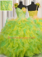 Luxurious One Shoulder Handcrafted Flower Sleeveless Beading and Ruffles and Hand Made Flower Lace Up Vestidos de Quinceanera