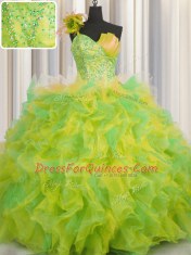 Luxurious One Shoulder Handcrafted Flower Sleeveless Beading and Ruffles and Hand Made Flower Lace Up Vestidos de Quinceanera