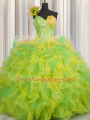 Luxurious One Shoulder Handcrafted Flower Sleeveless Beading and Ruffles and Hand Made Flower Lace Up Vestidos de Quinceanera