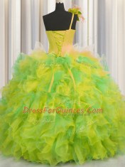 Luxurious One Shoulder Handcrafted Flower Sleeveless Beading and Ruffles and Hand Made Flower Lace Up Vestidos de Quinceanera