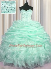 New Style Pick Ups Apple Green Sleeveless Organza Sweep Train Lace Up Vestidos de Quinceanera for Military Ball and Sweet 16 and Quinceanera