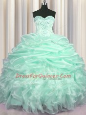 New Style Pick Ups Apple Green Sleeveless Organza Sweep Train Lace Up Vestidos de Quinceanera for Military Ball and Sweet 16 and Quinceanera