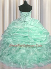 New Style Pick Ups Apple Green Sleeveless Organza Sweep Train Lace Up Vestidos de Quinceanera for Military Ball and Sweet 16 and Quinceanera