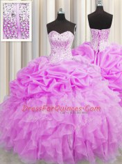 Unique Visible Boning Lilac Lace Up Sweet 16 Dresses Beading and Ruffles and Pick Ups Sleeveless Floor Length