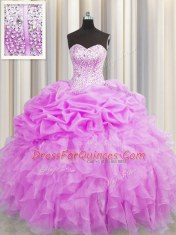 Unique Visible Boning Lilac Lace Up Sweet 16 Dresses Beading and Ruffles and Pick Ups Sleeveless Floor Length