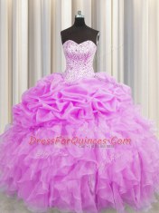 Unique Visible Boning Lilac Lace Up Sweet 16 Dresses Beading and Ruffles and Pick Ups Sleeveless Floor Length