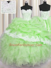 Sweetheart Sleeveless Organza Ball Gown Prom Dress Beading and Ruffles and Pick Ups Lace Up