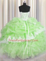 Sweetheart Sleeveless Organza Ball Gown Prom Dress Beading and Ruffles and Pick Ups Lace Up