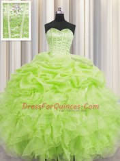 Unique Visible Boning Yellow Green Ball Gowns Organza Sweetheart Sleeveless Beading and Ruffles and Pick Ups Floor Length Lace Up Sweet 16 Dress