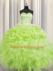 Unique Visible Boning Yellow Green Ball Gowns Organza Sweetheart Sleeveless Beading and Ruffles and Pick Ups Floor Length Lace Up Sweet 16 Dress