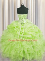 Unique Visible Boning Yellow Green Ball Gowns Organza Sweetheart Sleeveless Beading and Ruffles and Pick Ups Floor Length Lace Up Sweet 16 Dress