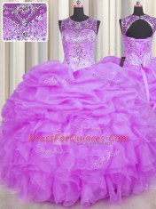 Simple See Through Lilac Ball Gowns Scoop Sleeveless Organza Floor Length Backless Beading and Ruffles and Pick Ups Sweet 16 Dresses