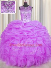 Simple See Through Lilac Ball Gowns Scoop Sleeveless Organza Floor Length Backless Beading and Ruffles and Pick Ups Sweet 16 Dresses