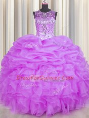 Simple See Through Lilac Ball Gowns Scoop Sleeveless Organza Floor Length Backless Beading and Ruffles and Pick Ups Sweet 16 Dresses