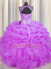 Simple See Through Lilac Ball Gowns Scoop Sleeveless Organza Floor Length Backless Beading and Ruffles and Pick Ups Sweet 16 Dresses